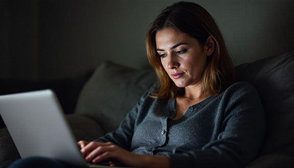 Een persoon werkt aan een laptop op een versleten bureau. Rijpe vrouwen willen sex en neuken