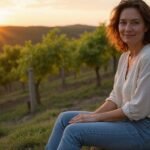Een vrouw in een wijngaard zit op een houten bank en zoekt een man voor een oudere rijpe vrouwen sexdate in Limburg
