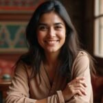 Een vrouw met een warme glimlach in een gezellig koffiehuis