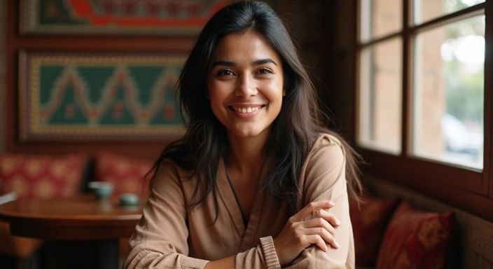 Een vrouw met een warme glimlach in een gezellig koffiehuis