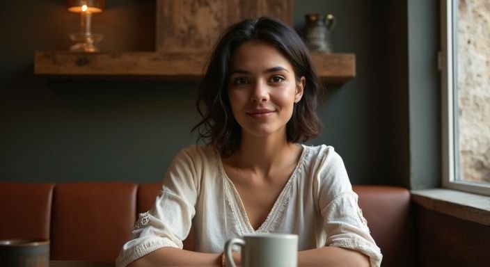 Een jonge vrouw geniet van een gesprek in een gezellige café
