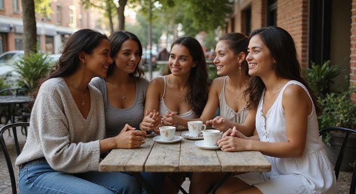 Een groep vrouwen geniet van elkaars gezelschap in een café