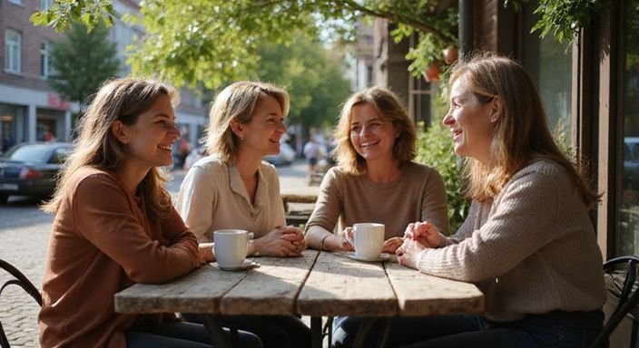 Een groep vrouwen geniet van koffie en lachen op een terras