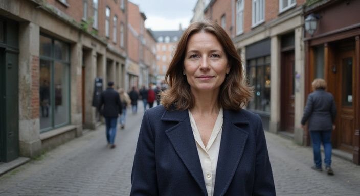 Een vrouw in een navy wollen jas staat op een levendige straat