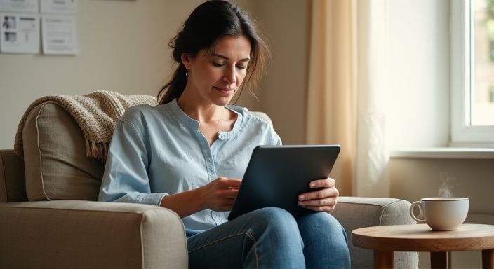 Een vrouw in haar zestiger jaren verdiept in gedachten met een kop thee. Een vrouw van begin 50 is geconcentreerd op een datingapp voor oma sexcontact.