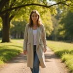 Een vrouw wandelt rustig over een smal pad in het park