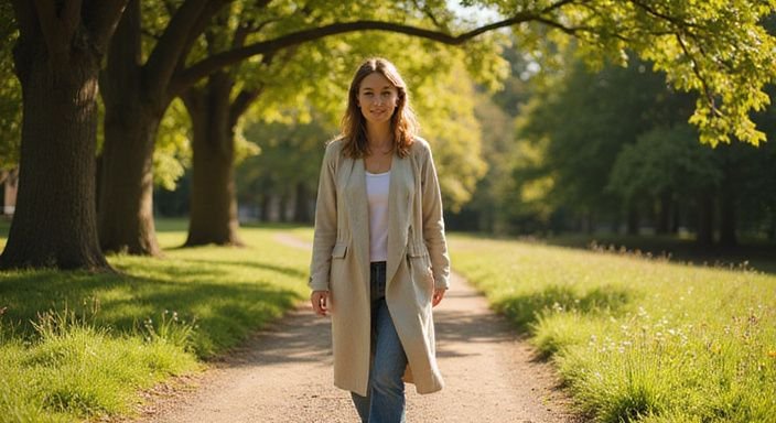Een vrouw wandelt rustig over een smal pad in het park