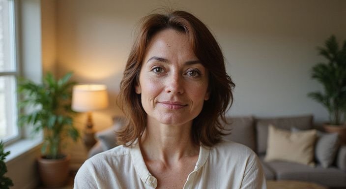 Een middelbare vrouw met een ontspannen houding in een sfeervolle woonkamer