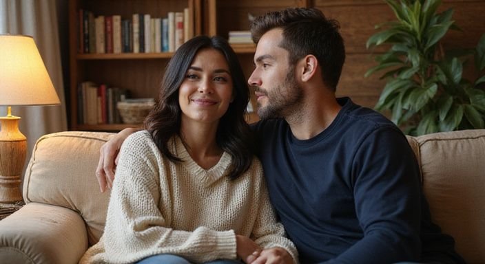 Een man en vrouw hebben een intiem gesprek op de bank
