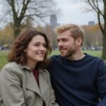 Een jong stel geniet van een ontspannen gesprek op een parkbank