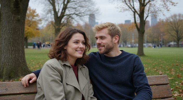 Een jong stel geniet van een ontspannen gesprek op een parkbank