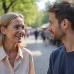 Een vrouw en een jongeman in gesprek op een buiten evenement