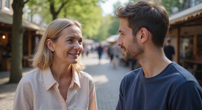Een vrouw en een jongeman in gesprek op een buiten evenement
