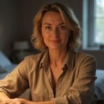 Een vrouw in haar vijftiger jaren is ontspannen tijdens een videogesprek