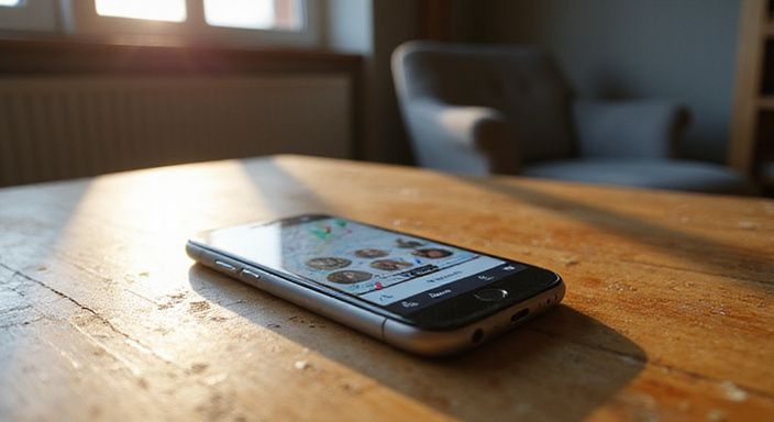 Een smartphone ligt op een verweerd houten tafel met een datingapp voor 50 plus sexdating.