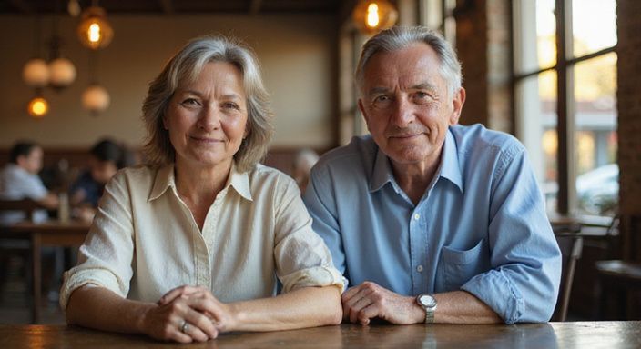 Twee mensen in de vijftig delen een ontspannen moment aan een cafétafel.
