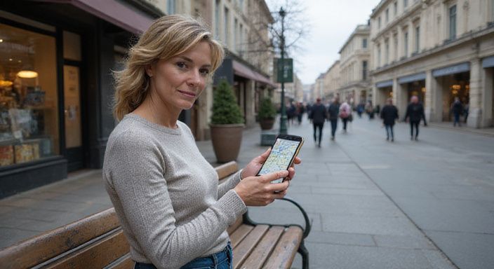 Een vrouw in de stad gebruikt haar smartphone voor 50 plus sexdating.