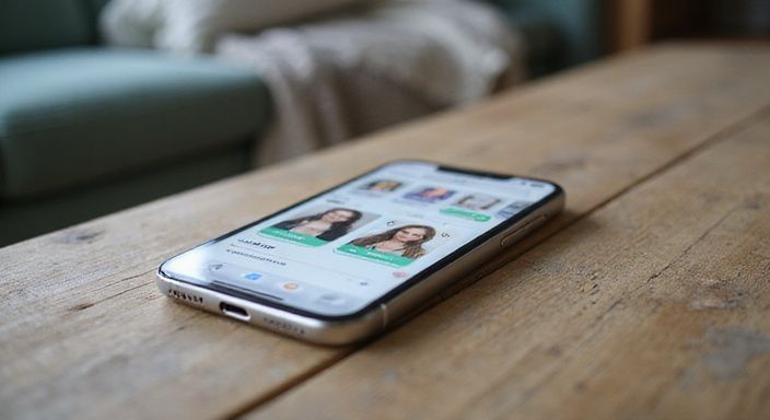 Een iPhone 14 Pro toont een datingapp voor 50 plus sexdating op een houten tafel.