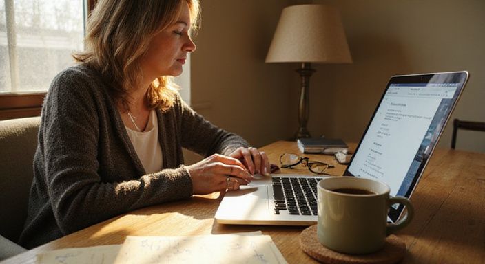 Een vrouw in de vijftig zoekt op haar laptop naar 50 plus sexdating.