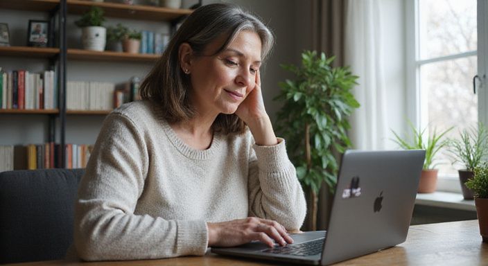 Een vrouw in de vijftig concentreert zich op haar laptop.