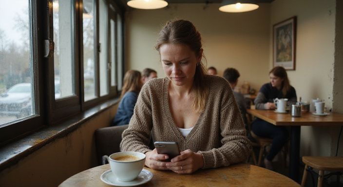 Een middelbare vrouw in een café kijkt naar datingprofielen voor 50 plus sexdating.