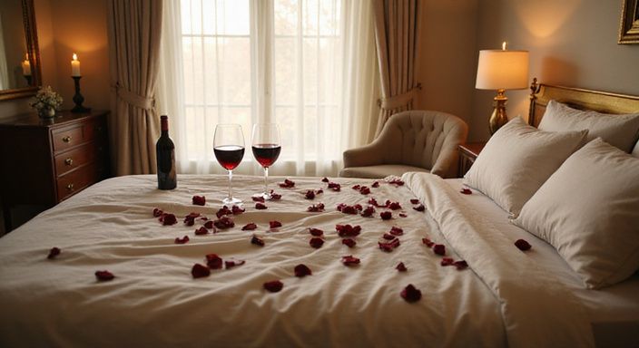 Romantische slaapkamer met rozenblaadjes en wijn op een zijde tafel.