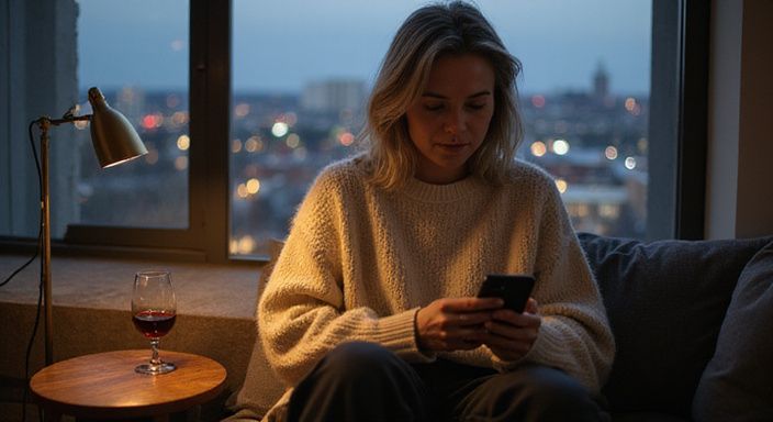 Een vrouw in haar vijftig, contemplatief, scrollend door een datingprofiel.