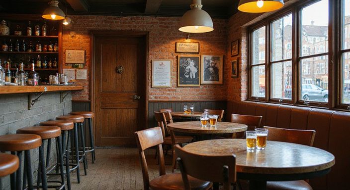 Een authentiek bruin café met verouderd meubilair en sfeervolle decoraties. Een authentiek bruin café met verouderd meubilair en sfeervolle decoraties.