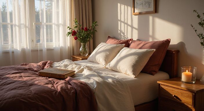 Een serene slaapkamer met zorgvuldig gerangschikt beddengoed en verse bloemen. Een serene slaapkamer met zorgvuldig gerangschikt beddengoed en verse bloemen.