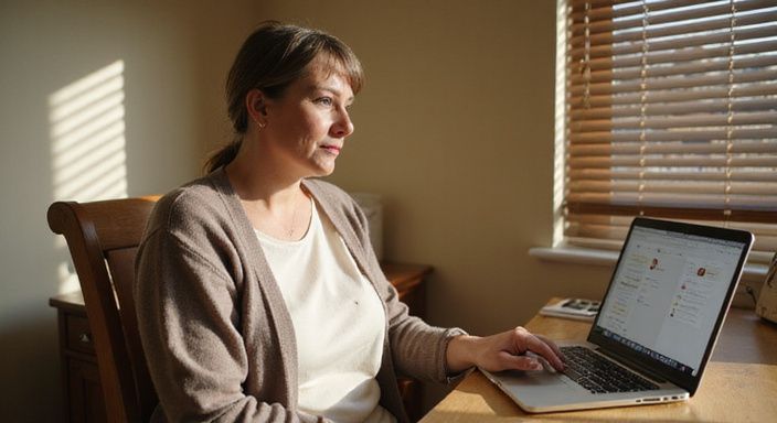 Een vrouw in de vijftig, verdiept in een datingapp op haar laptop. Een vrouw in de vijftig, verdiept in een datingapp op haar laptop.
