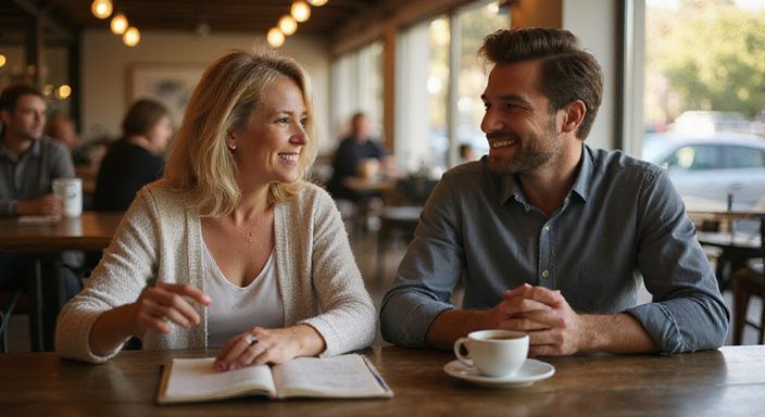 Een vrouw en man delen een oprechte conversatie in een café. Een vrouw en man delen een oprechte conversatie over Rijpe vrouwen willen sex in een café.