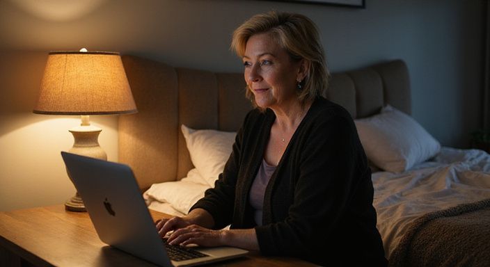 Een zelfverzekerde vrouw in haar vijftiger jaren achter een laptop. Een zelfverzekerde vrouw in haar vijftiger jaren achter een laptop.