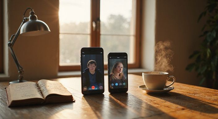 Twee smartphones voor een video-oproep op een houten tafel. Twee smartphones voor een video-oproep op een houten tafel.