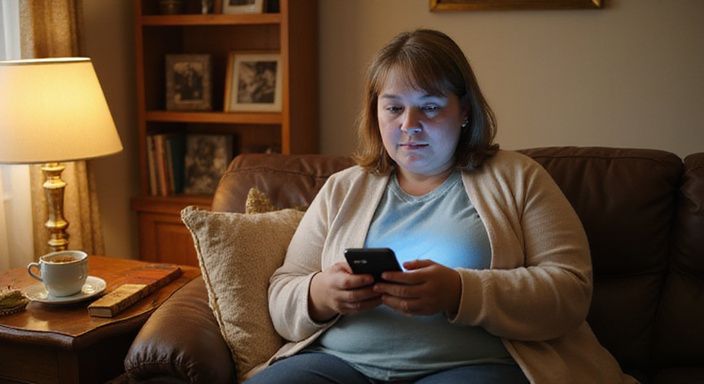 Een vrouw van middelbare leeftijd ontspant op een leren bank. Een vrouw van middelbare leeftijd ontspant op een leren bank.