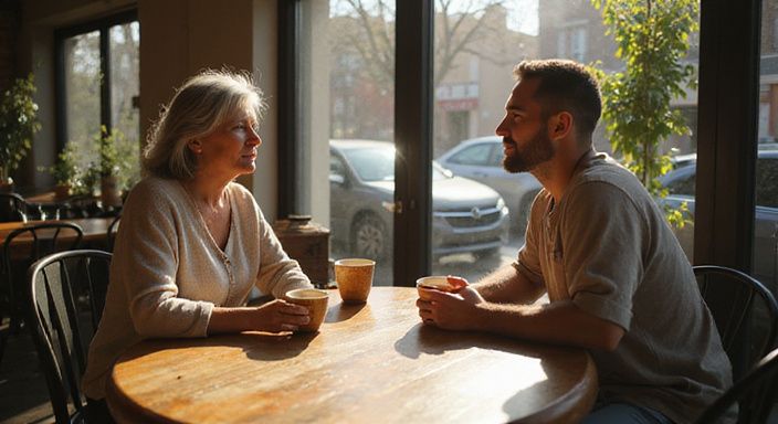 Een oudere vrouw en een jongere man hebben een oprechte conversatie. Een oudere vrouw en een jongere man hebben een oprechte conversatie over oma sexcontact.