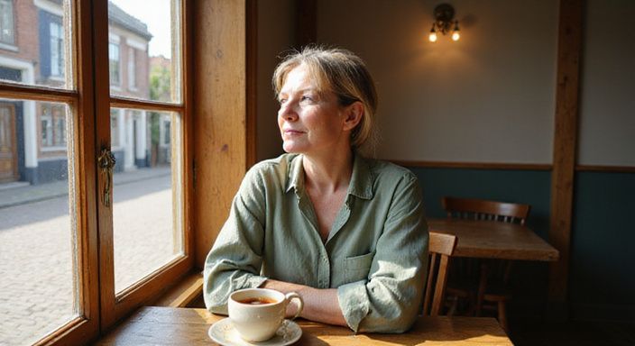 Een vrouw in de vroege vijftig, genietend van thee in een café. Een vrouw in de vroege vijftig, genietend van thee in een café.