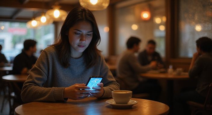 Een vrouw in een café kijkt geconcentreerd naar haar smartphone. Een vrouw in een café kijkt geconcentreerd naar haar smartphone.