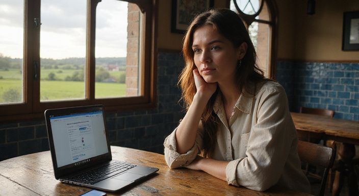 Een vrouw verdiept in dating-app op een cafétafel. Een vrouw verdiept in dating-app op een cafétafel.