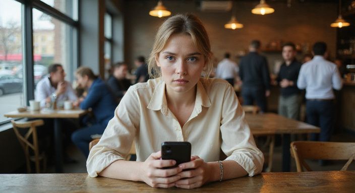 Een nerveuze vrouw wacht in een druk café met haar smartphone. Een nerveuze vrouw wacht in een druk café met haar smartphone.