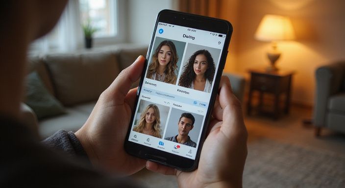 Een persoon bekijkt een datingapp op hun smartphone in huis. Een persoon bekijkt een datingapp op hun smartphone in huis.