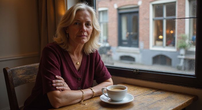 Een vrouw in haar vijftiger jaren geniet van koffie alleen.