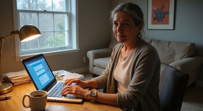 Een vrouw in haar vijftiger jaren kijkt aandachtig naar een laptop.