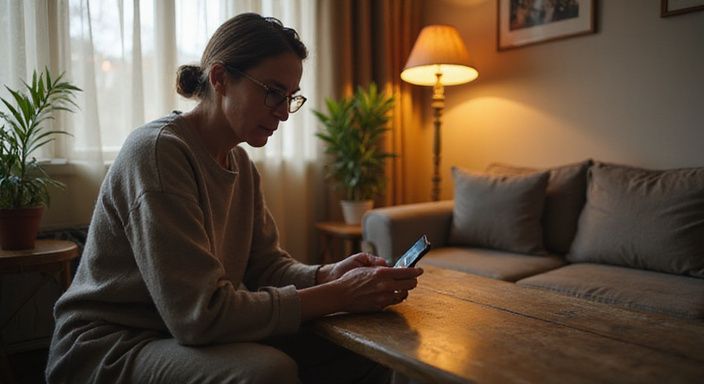Een vrouw in de vijftig overweegt een datingapp voor oudere rijpe vrouwen sexdates in Groningen op haar telefoon.