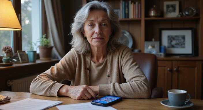 Een vrouw in de vijftig overweegt haar datingopties aan een bureau.