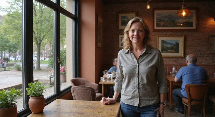 Een vrouw met een ontspannen glimlach in een traditionele Europese café. Oudere Rijpe Vrouwen Sexdate in Drenthe vinden