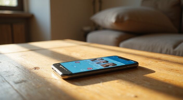 Een smartphone toont profielfoto's op een datingapp op een houten tafel. Een smartphone toont profielfoto's op een datingapp voor Oudere Rijpe Vrouwen Sexdate in Drenthe