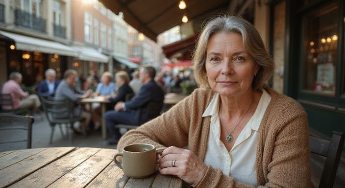 Een vrouw van in de vijftig geniet van een moment aan een cafétafel. Een vrouw van in de vijftig geniet van een moment aan een cafétafel.