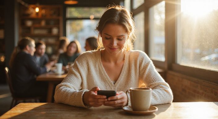 Een vrouw geniet van haar koffie en kijkt geïnteresseerd naar haar telefoon. Een vrouw geniet van haar koffie en kijkt geïnteresseerd naar haar telefoon.