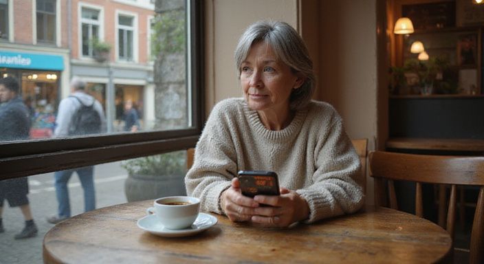 Een vrouw in de vijftig zit nadenkend met een smartphone en koffie. Een vrouw in de vijftig zit nadenkend met een smartphone en koffie.