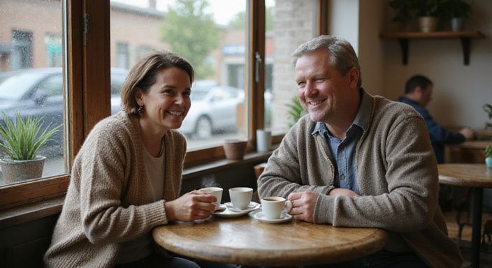 Twee volwassenen delen een gezellig gesprek in een koffiehuis. Oudere Rijpe Vrouwen Sexdate in Drenthe zoeken